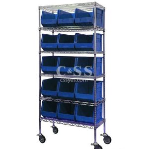 Mobile Wire Shelving with Stackable Bin Storage 6x6