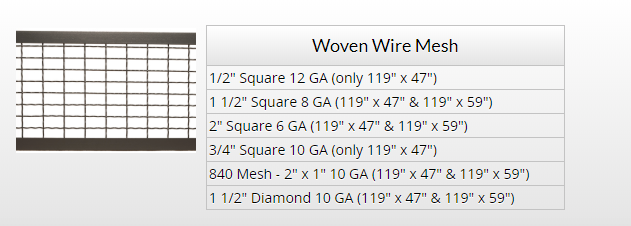 wovem wire mesh chart